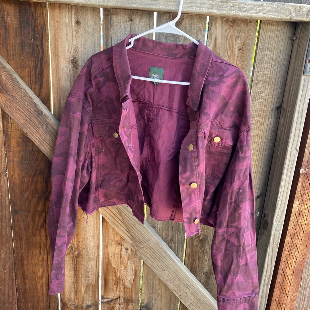 burgundy camo cropped denim jacket
